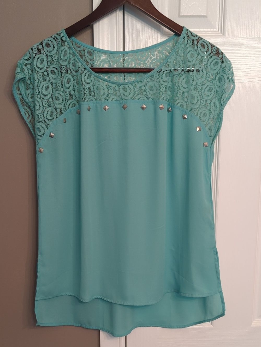 Mint Green Lace & Studded High-Low Blouse Top